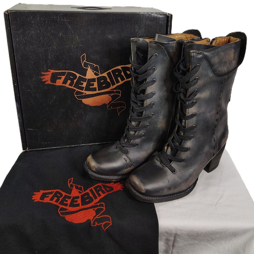 New! FREEBIRD "Dart" Black Leather Lace-Up Boots Size 8 Side Zip Distressed NIB - Picture 2 of 12